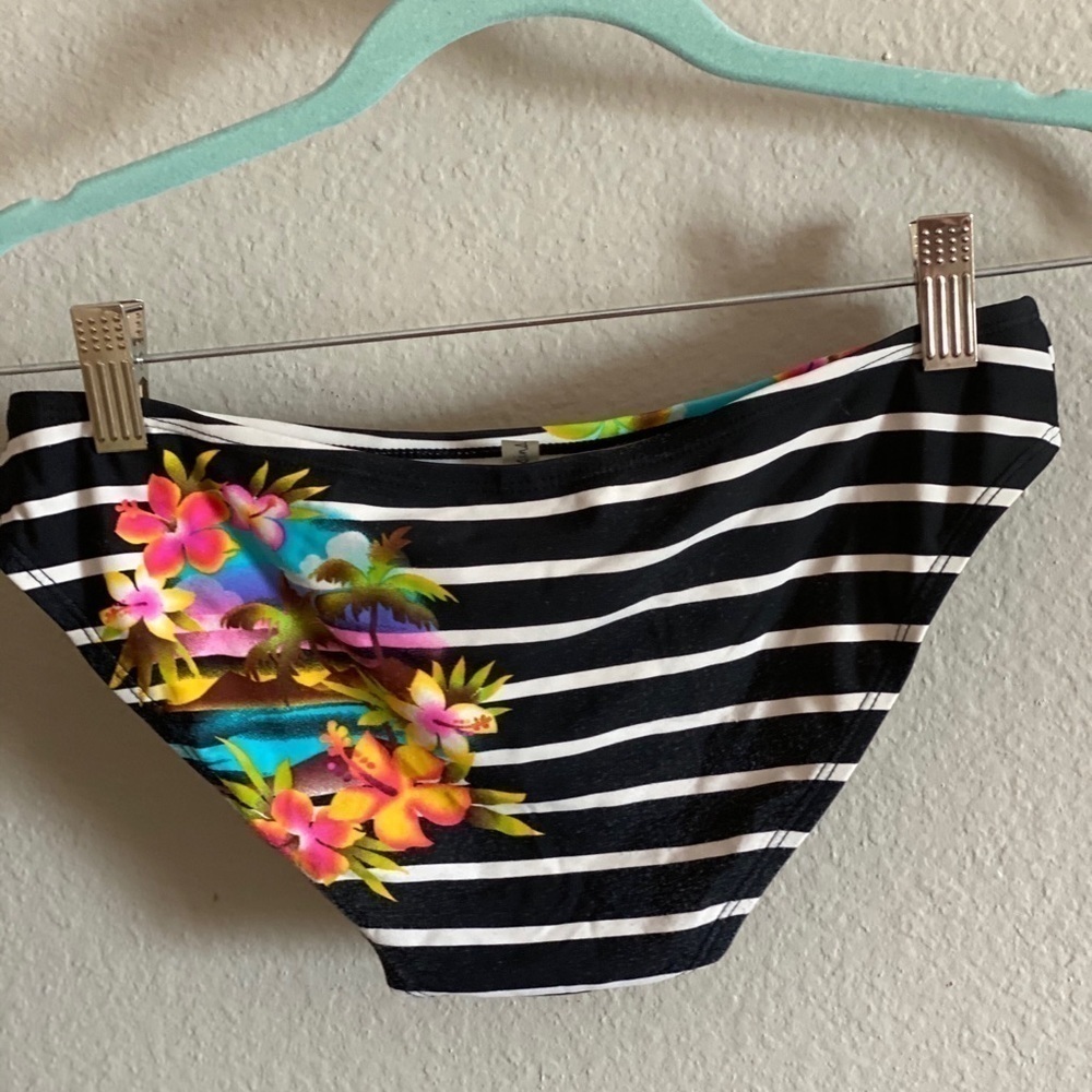 Raisin Black White Floral Stripe String Bikini - Picture 3 of 7